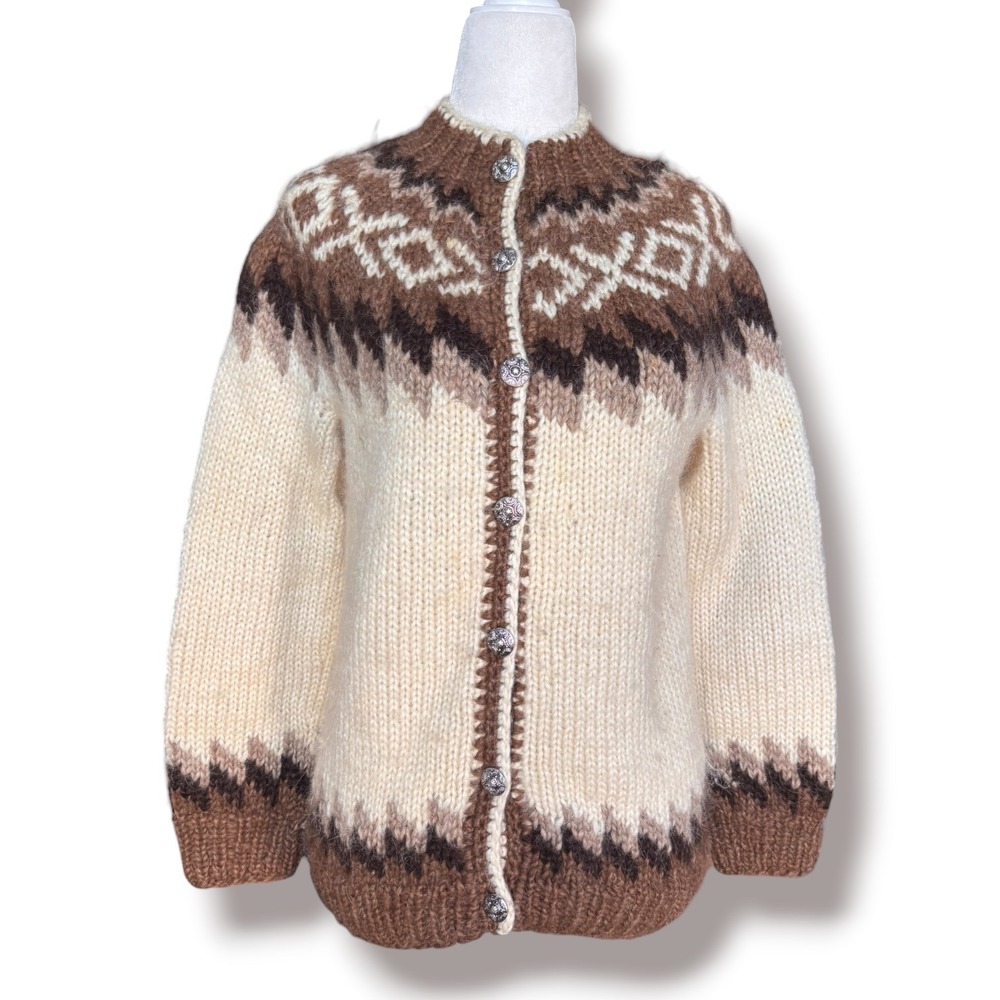 Vintage Icelandic Wool Fair Isle Cardigan Brown Nordic Chunky Knit Sweater Small